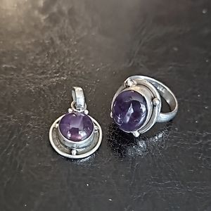 Silver amethyst ring and pendant set